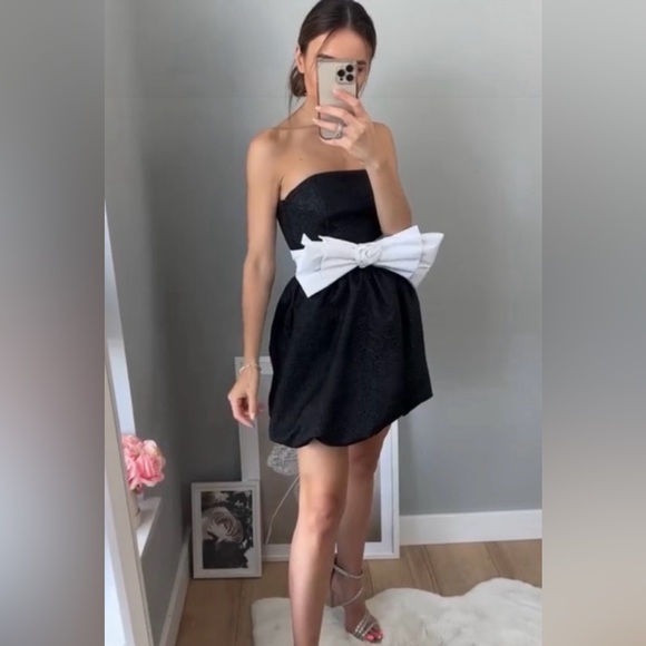 Zara Black Jacquard Dress With Contrast Bow Party Cocktail Night Out Mini - Picture 9 of 11